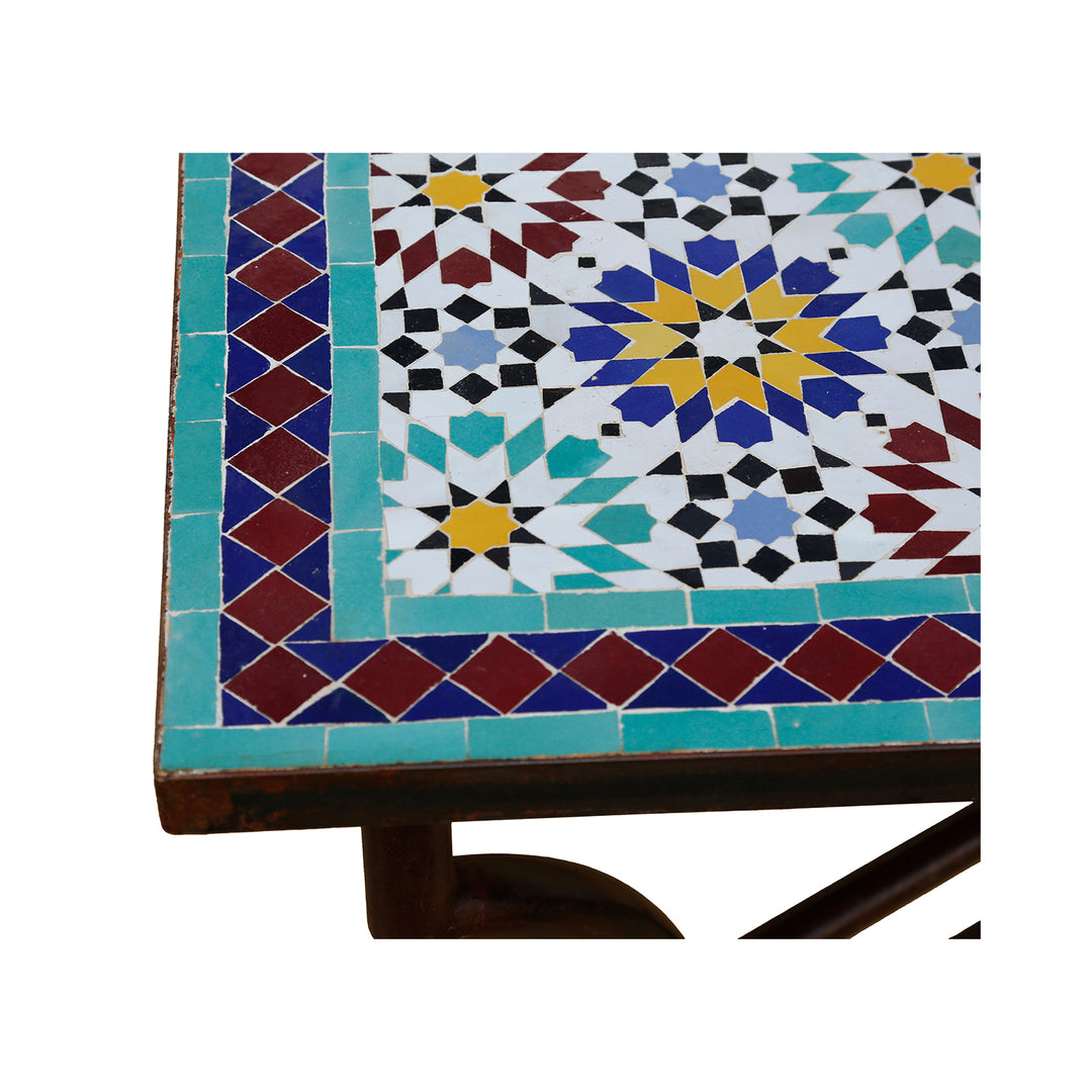 Stable mosaic table with artistic tile top and curved metal frame
