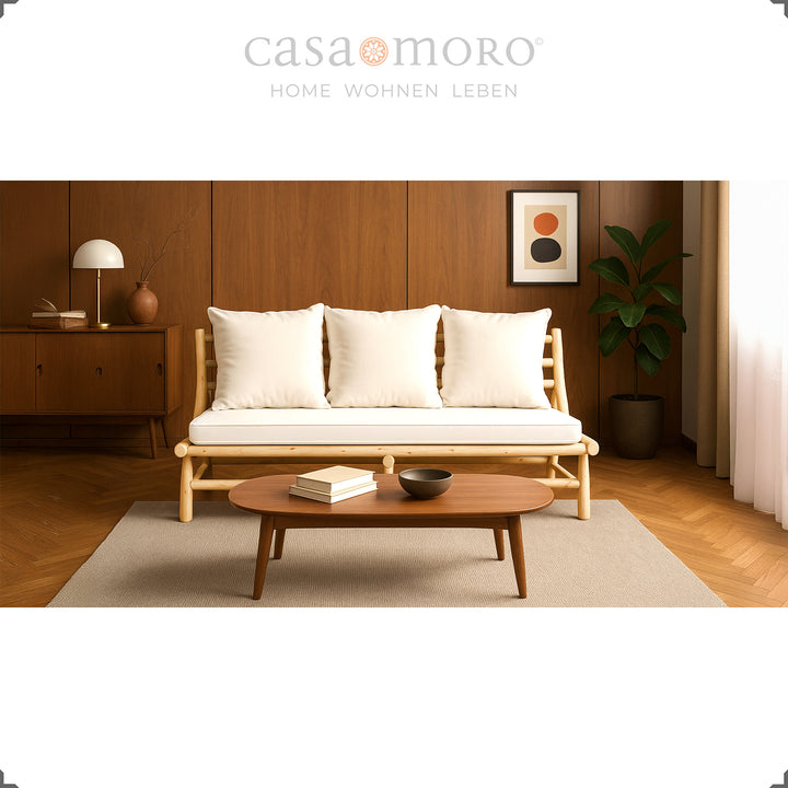 3 seater sofa made of solid teak, cream cushions removable and washable