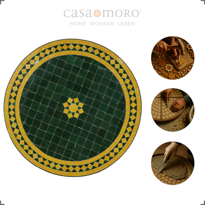 Mosaic table with green and yellow table top and wrought iron frame