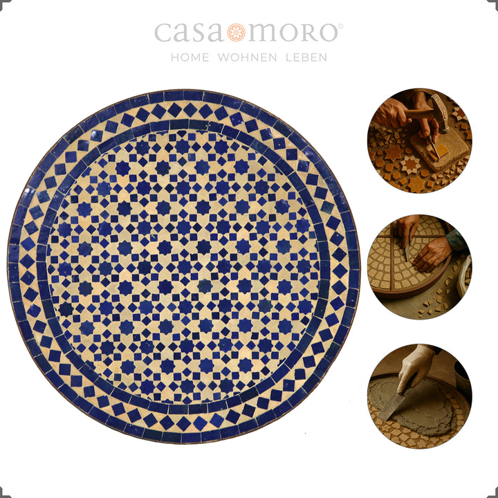 Oriental balcony table in blue terracotta with an elegantly curved metal frame