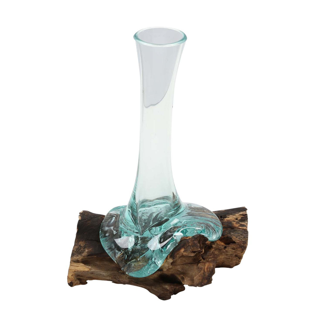 Glass vase on root wood A25
