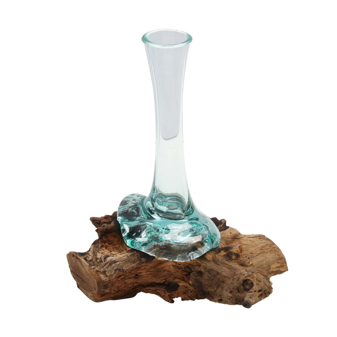 Glass vase on root wood A25
