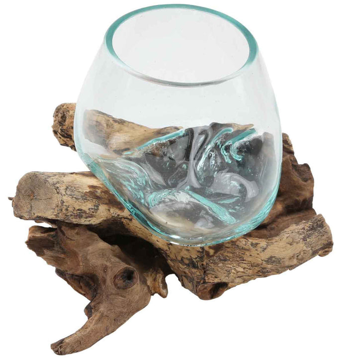 Glass vase on root wood A12