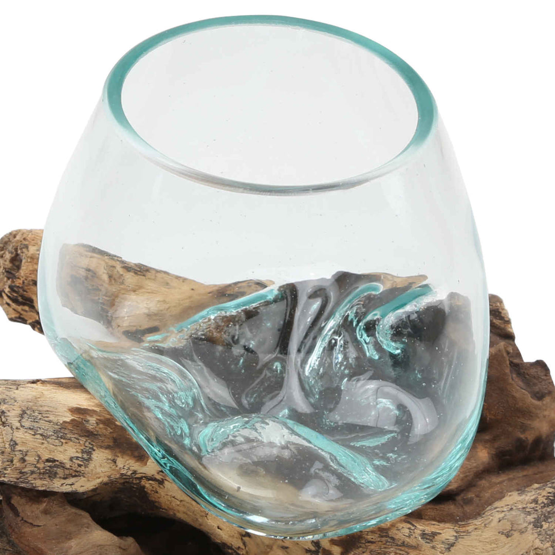 Glass vase on root wood A12