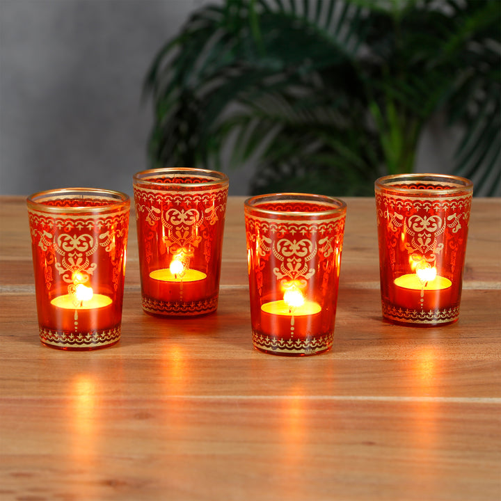 Glass tealight holders orange gold set of 6