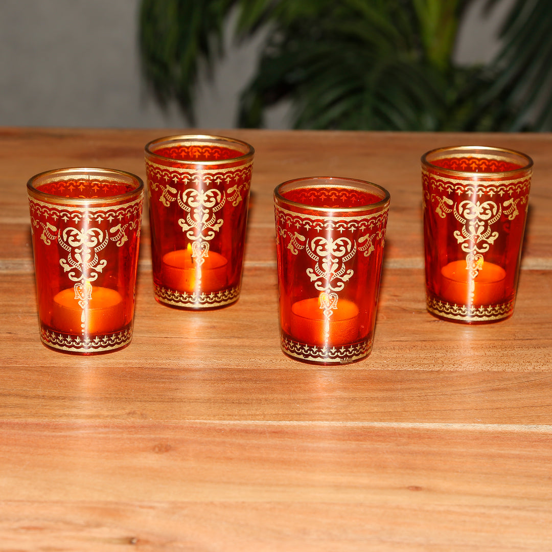 Glass tealight holders orange gold set of 6