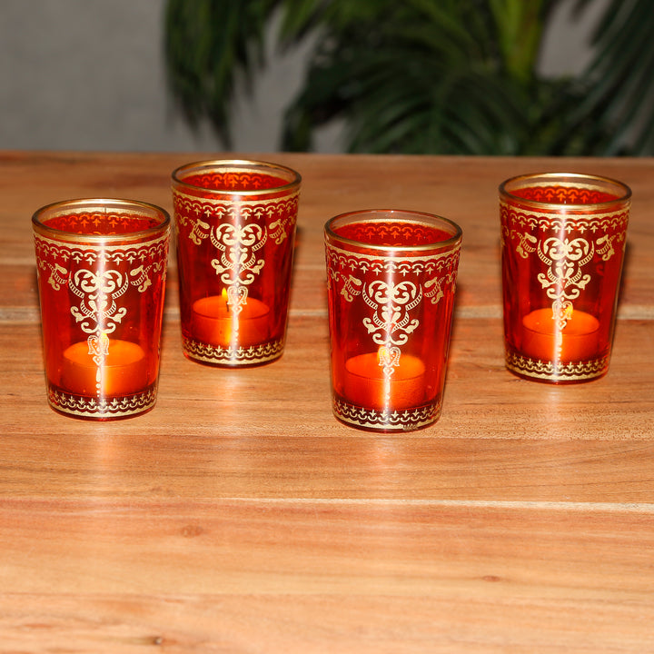Glass tealight holders orange gold set of 6