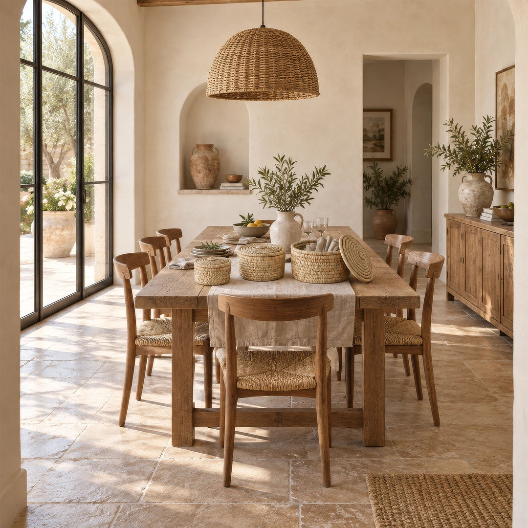 Three baskets with palm-leaf lids on a dining table: 3.5 liters, 7 liters, and 15 liters in volume.