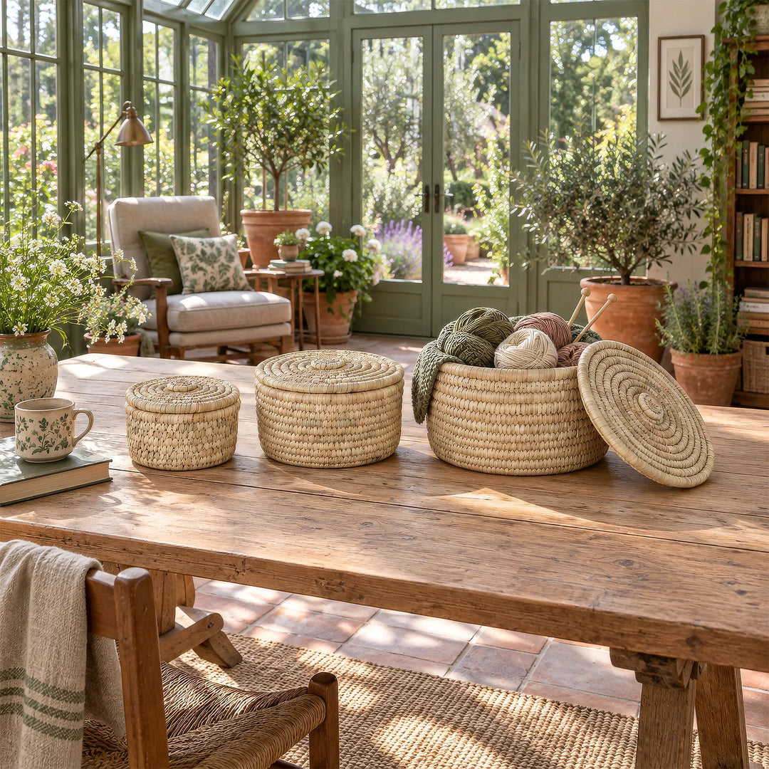 Three palm-leaf baskets in the sunroom, the largest one containing knitting supplies: 3.5 liters, 7 liters, and 15 liters in volume.