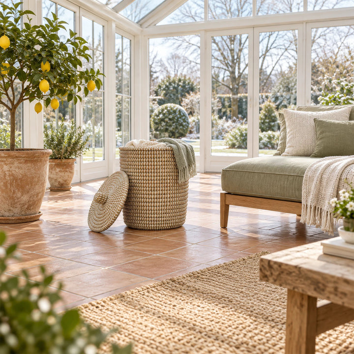 A seagrass basket with a capacity of about 65 liters, with blankets inside and a lid propped open, next to a green lounge chair in the sunroom.