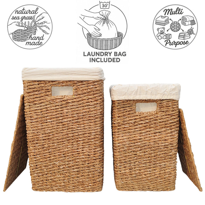 Storage baskets with lids, 50- and 90-liter capacity: hand-woven seagrass; laundry bags are machine washable at 30 °C.