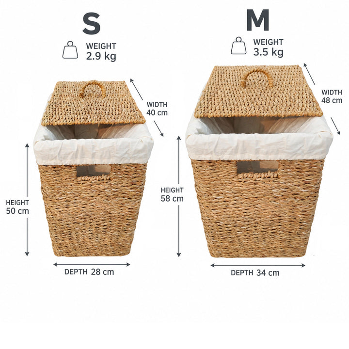 Storage baskets with lids: S, 50 liters, 40×28×50 cm, 2.9 kg; M, 90 liters, 48×34×58 cm, 3.5 kg (W×D×H).