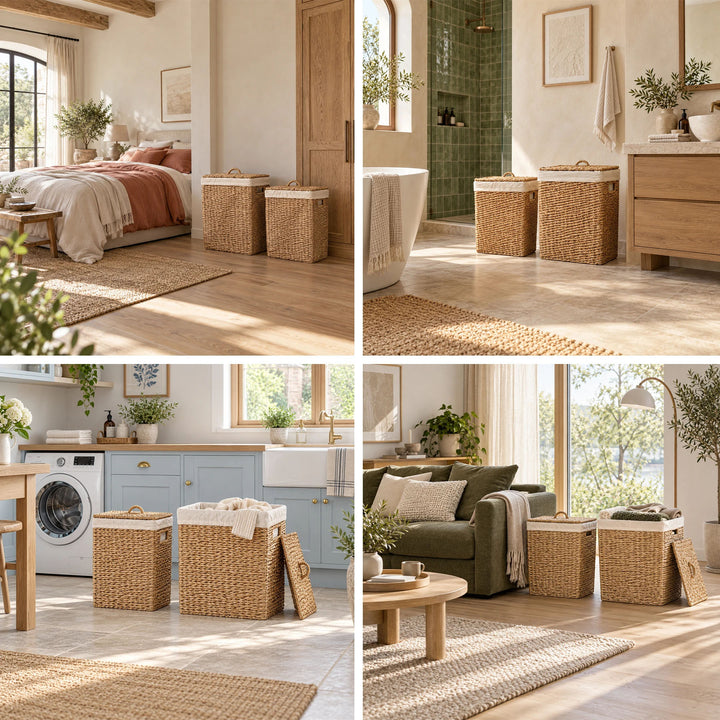 Collage: Storage baskets with lids, 50- and 90-liter capacity, in the bedroom, bathroom, laundry room, and living room.