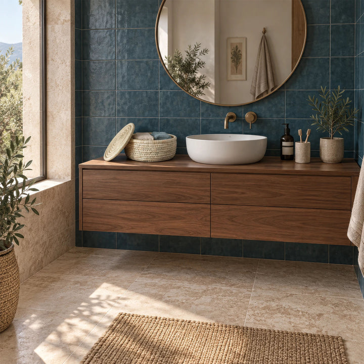 A palm-leaf storage basket, 28 cm in diameter, with towels and a lid resting on top, on the sink.