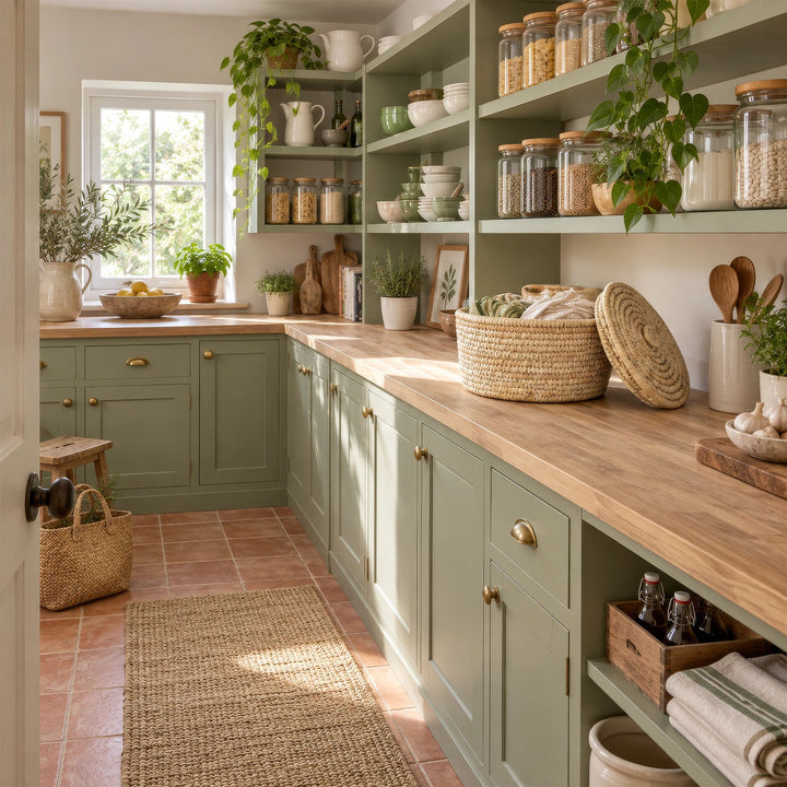 A palm-leaf basket with a 15-liter capacity, kitchen linens, and a lid resting against it on the kitchen countertop.