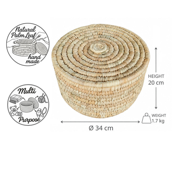 Storage basket with a palm-leaf lid, size L: 34 cm in diameter, 20 cm tall, 15 liters in volume, and weighing 1.7 kg.