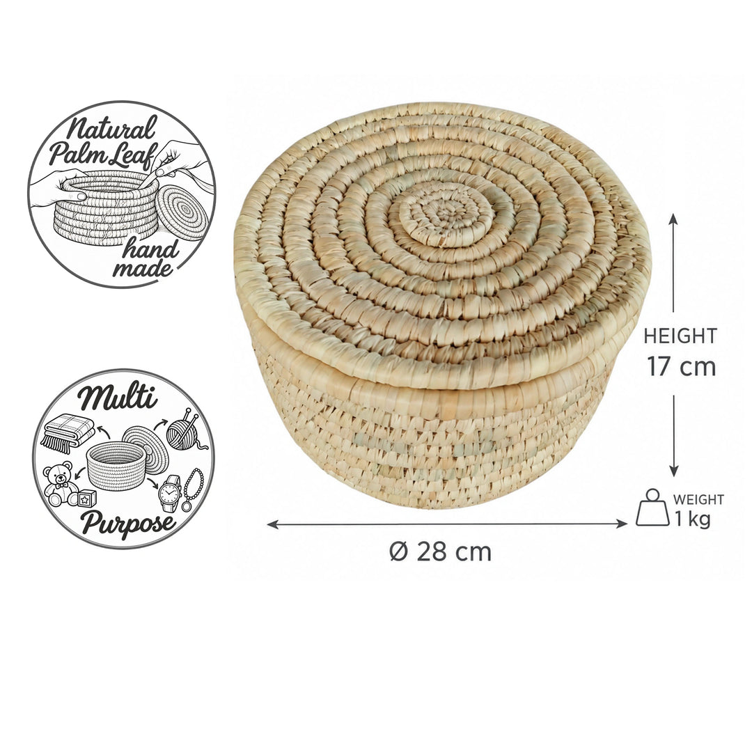 Hand-woven storage basket with a lid made of palm leaves, size M: Ø 28 cm, 17 cm high, and weighing 1 kg.