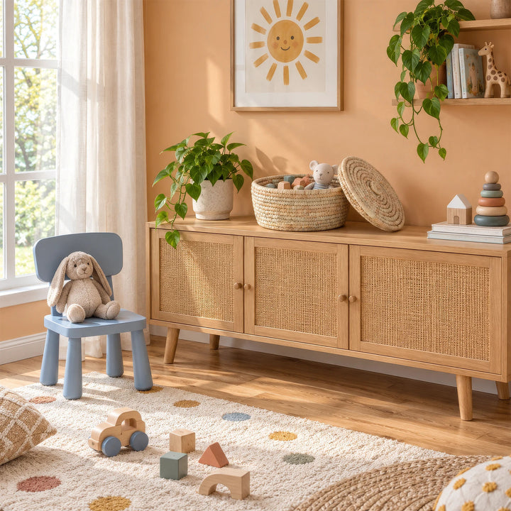 A palm-leaf storage basket with a 15-liter capacity, filled with toys and featuring a slightly open lid, in a child's room.