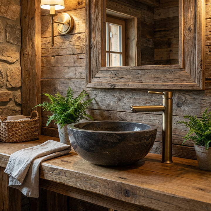 Round countertop washbasin made of dark marble on a rustic wooden console with brass fittings in a warm country house bathroom