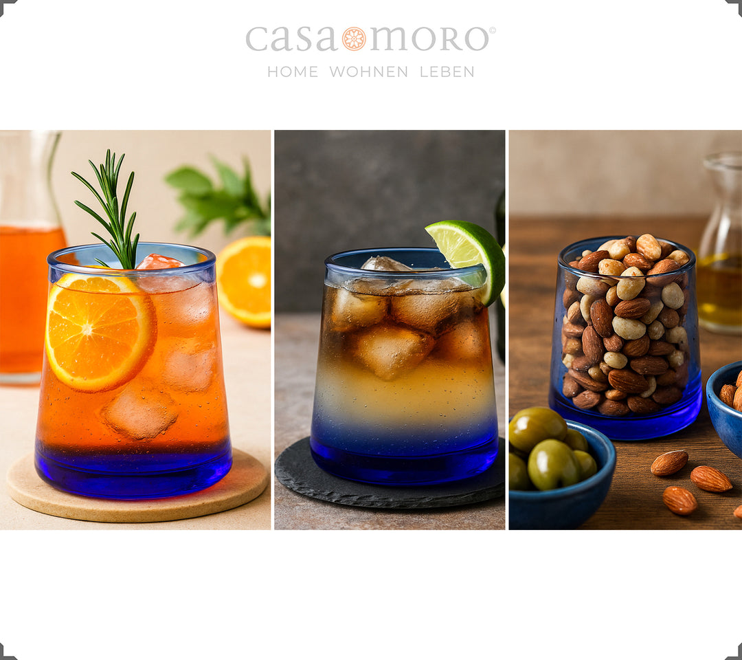 Four hand-blown cocktail glasses in blue - each piece is unique