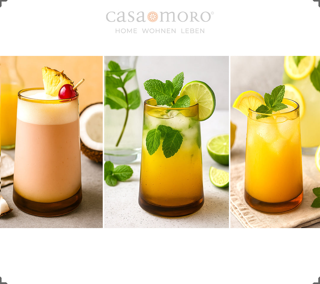 Honey-colored glasses used as cocktail glasses - ideal for summer drinks and garnish with lime