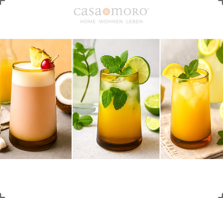 Honey-colored glasses used as cocktail glasses - ideal for summer drinks and garnish with lime