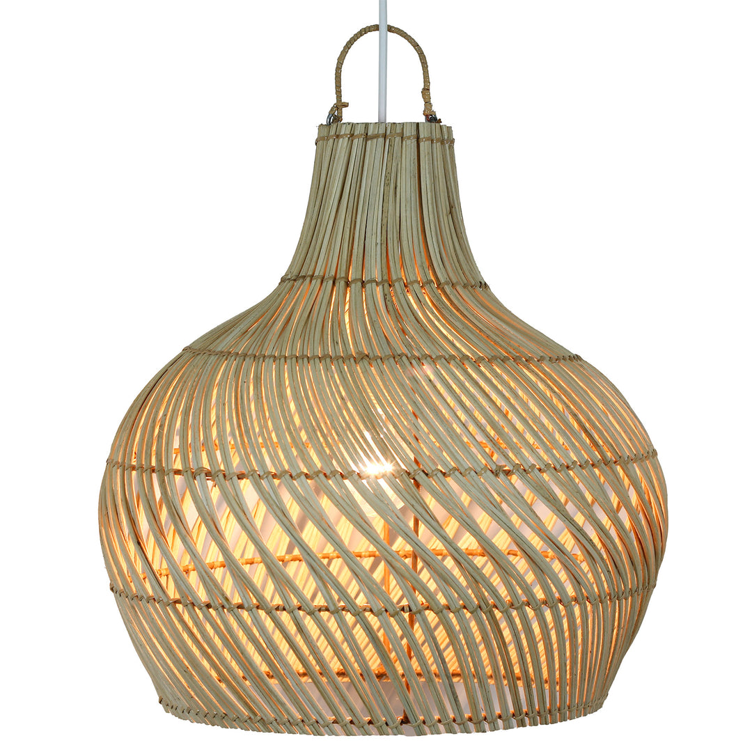 Luminous ceiling lamp made of rattan with a warm glow and hand-woven structure