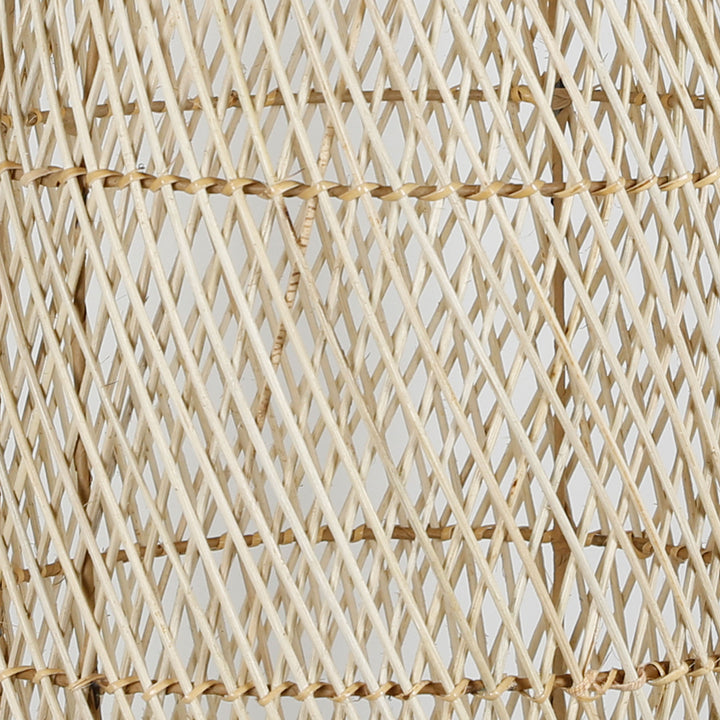 Detailed shot of the hand-woven rattan ceiling light with fine, natural-colored weave