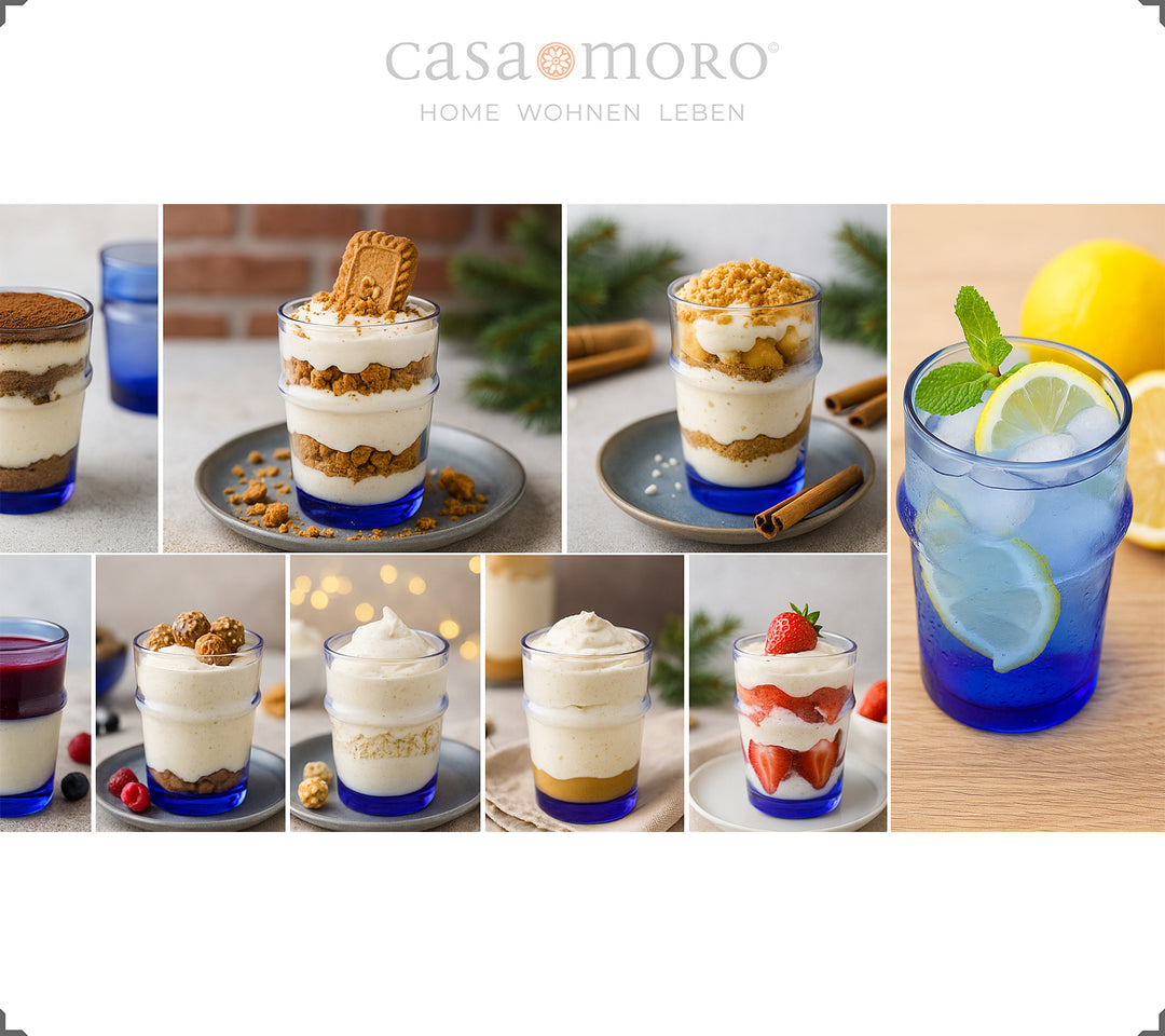 Set of glasses in blue served with various desserts - perfect as dessert glasses for creamy creations