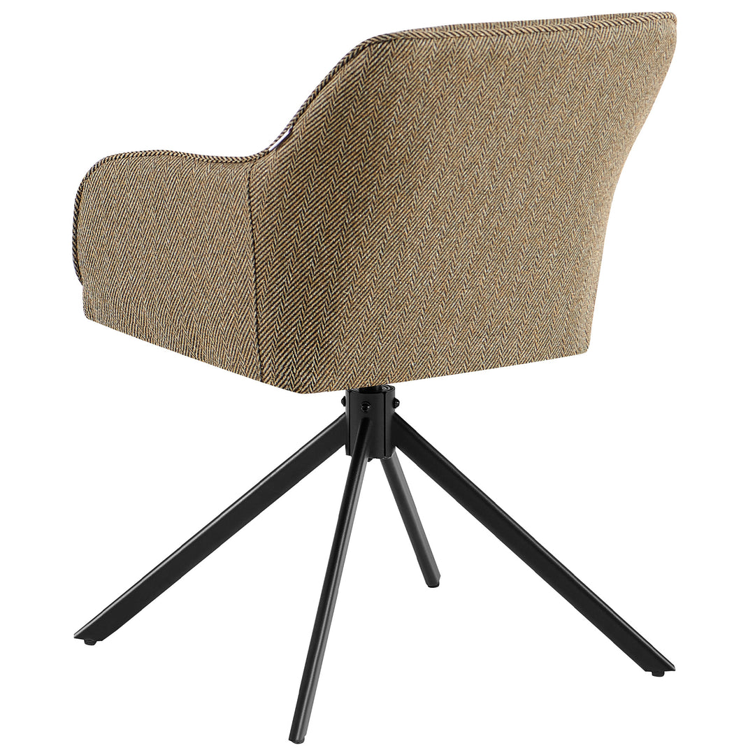 Rear view of a 360° rotating upholstered chair with brown armrests, upholstered backrest in a herringbone pattern and a black metal frame in the shape of a tripod