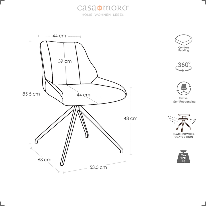 Dimensional drawing of a 360° rotating dining room chair in gray with dimensions and symbols for comfort upholstery, auto-return function and metal frame