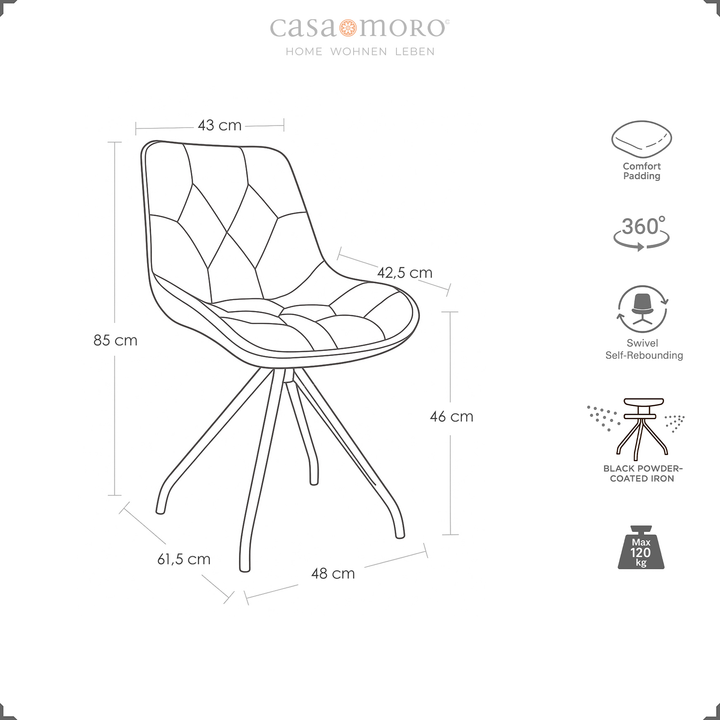 Dimensional drawing of the dining room chair with 360° rotation function in gray - dimensions, auto-return function, metal frame and load capacity up to 120 kg