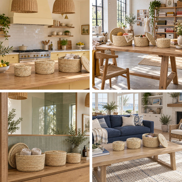 Collage: Sets of three palm-leaf baskets in the kitchen, sewing room, bathroom, and living room: 3.5-liter, 7-liter, and 15-liter capacities.