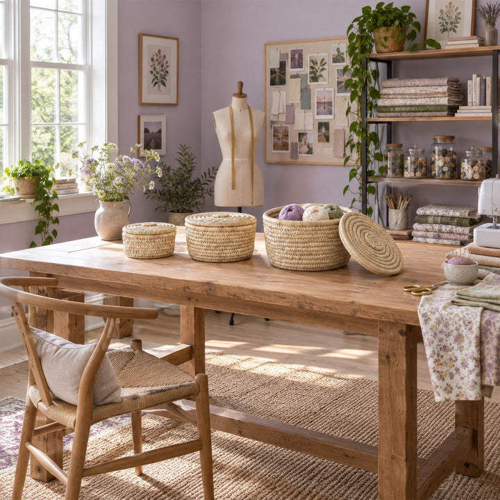 Three palm-leaf baskets in the sewing room, the largest one filled with wool: 3.5 liters, 7 liters, and 15 liters in volume.