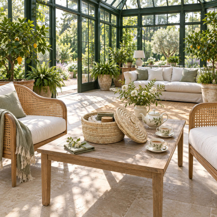A woven palm-leaf basket with a 15-liter capacity, napkins, and a lid resting against it on a table in the sunroom.