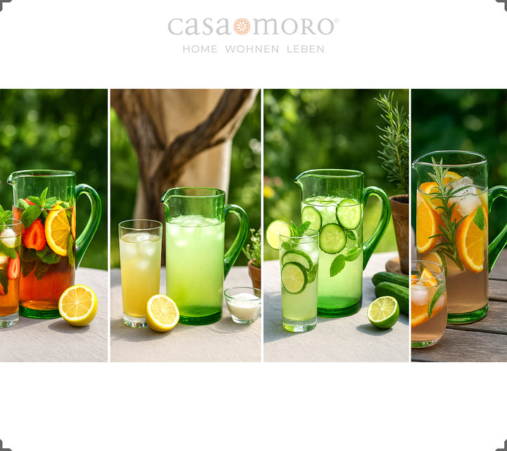 Glass carafe with a fine structure and elegant handle - expressive in green