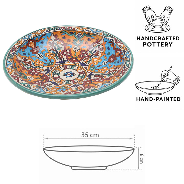 Hand-painted Moroccan ceramic bowl from Fès with floral and geometric patterns, 35 cm in diameter and 8 cm high