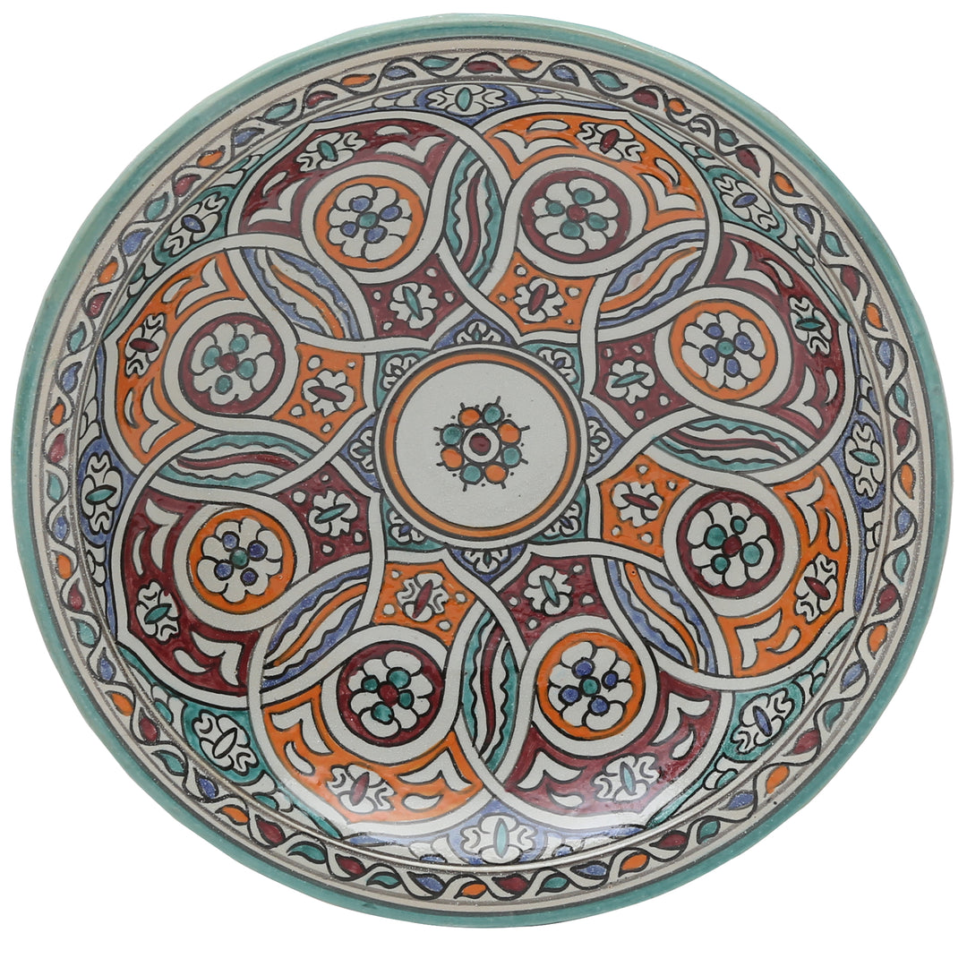 Moroccan ceramic bowl from Fès with a colorful woven pattern, Ø 35 cm