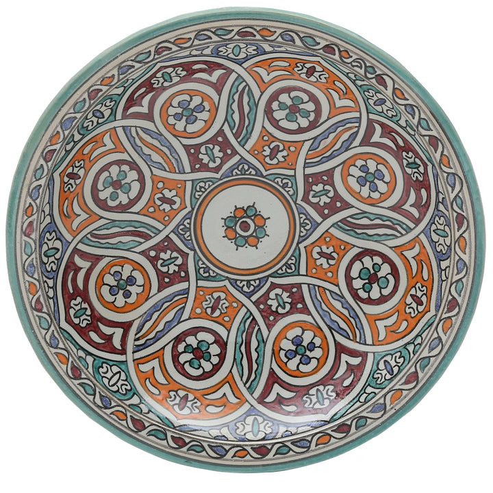 Moroccan ceramic bowl from Fès with a colorful woven pattern, Ø 35 cm