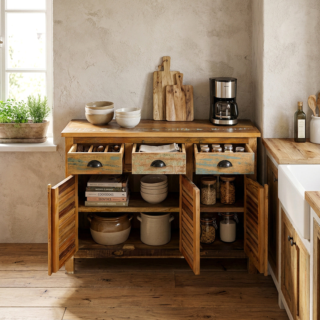 Vintage highboard made of solid wood and reclaimed wood with drawers placed in the kitchen