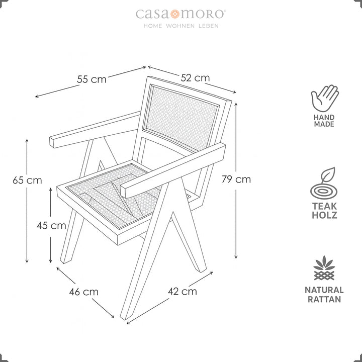 Dimensional sketch of the armchair with Viennese weave made of teak, detailed dimensions in cm