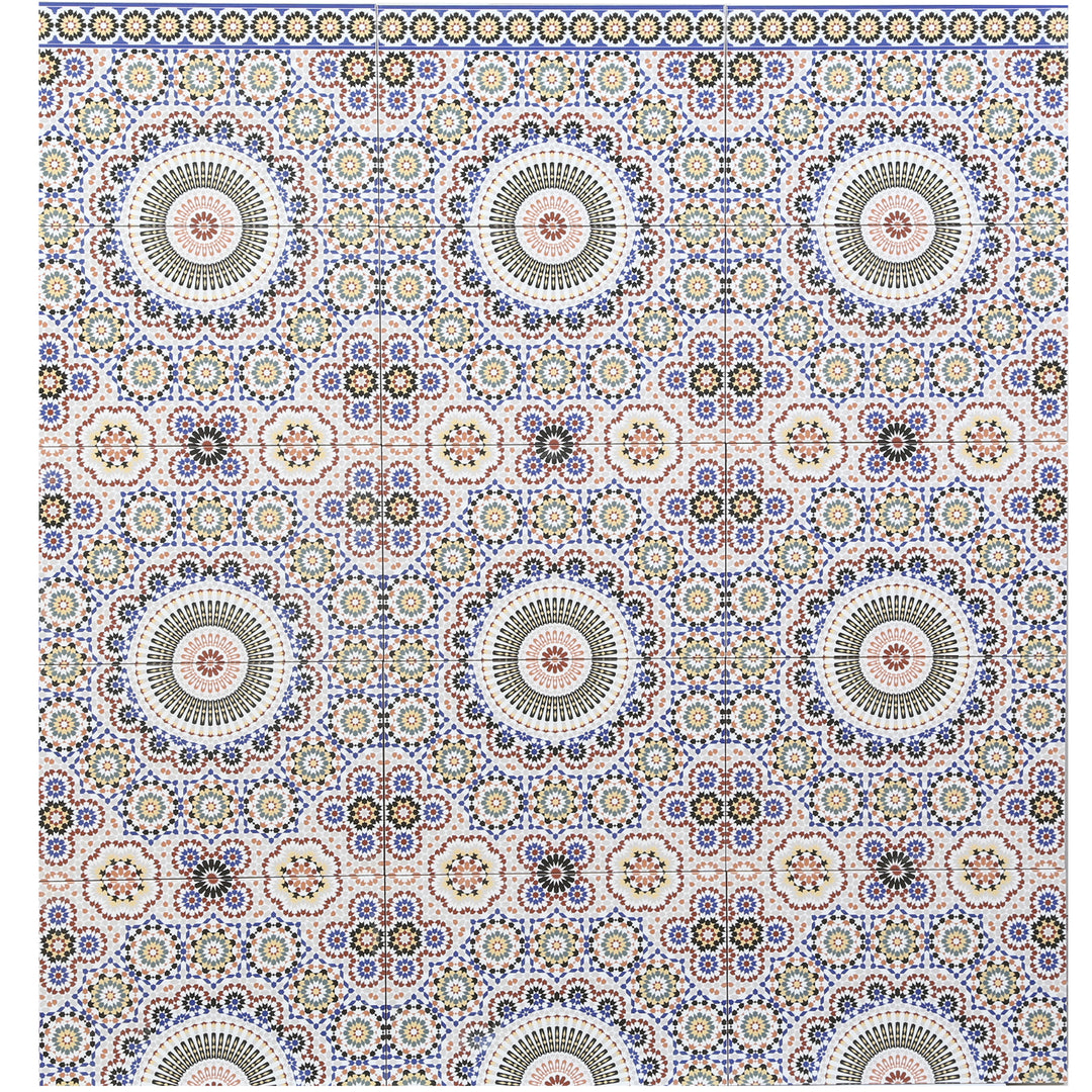 Ceramic border with oriental pattern in multi-colored combined with wall tiles for harmonious wall design