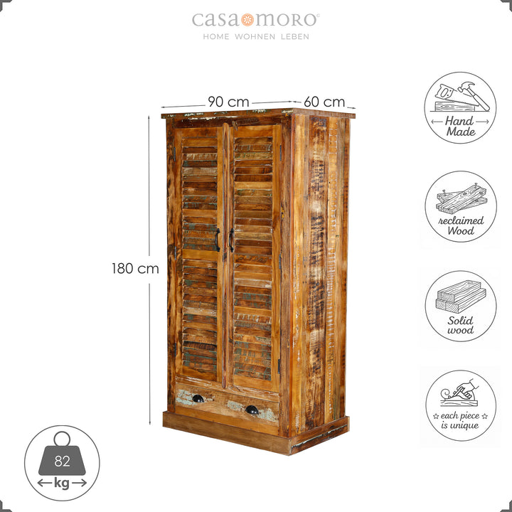 Vintage style solid wood and reclaimed wood wardrobe, 180cm high, shown freestanding