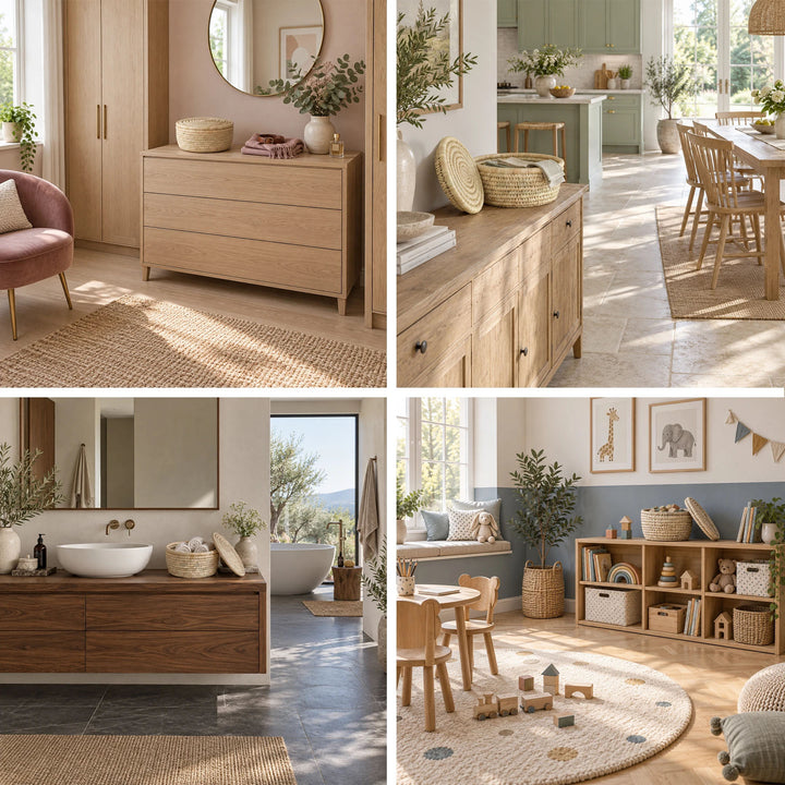 Collage: Palm-leaf storage basket, Ø 28 cm, in the dressing room, dining room, bathroom, and children's room.