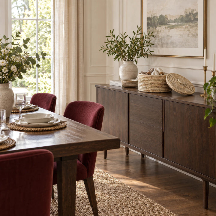 A palm-leaf basket with a 15-liter capacity, cloth napkins, and a lid resting on top, sitting on a sideboard in the dining room.