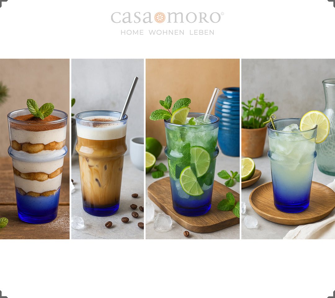 Long drink glasses in blue with a lively glass structure, hand-blown in a traditional style