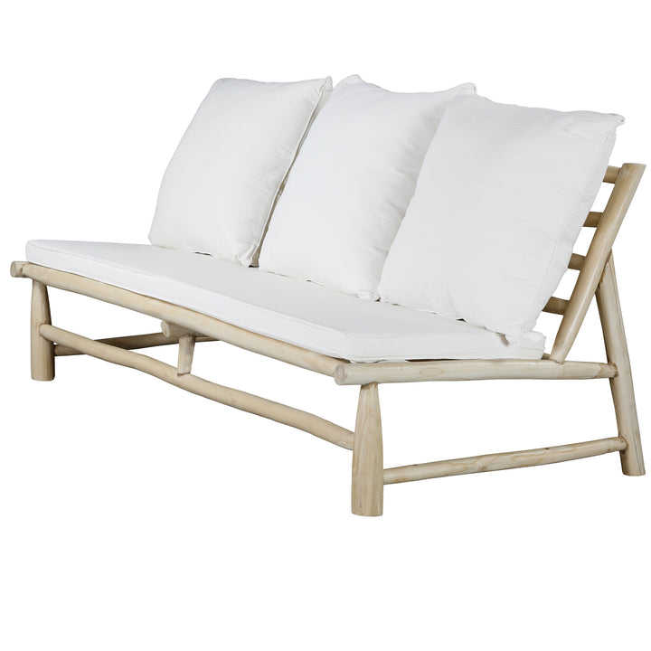 3-seater lounge sofa made of natural teak with cream-colored cushions
