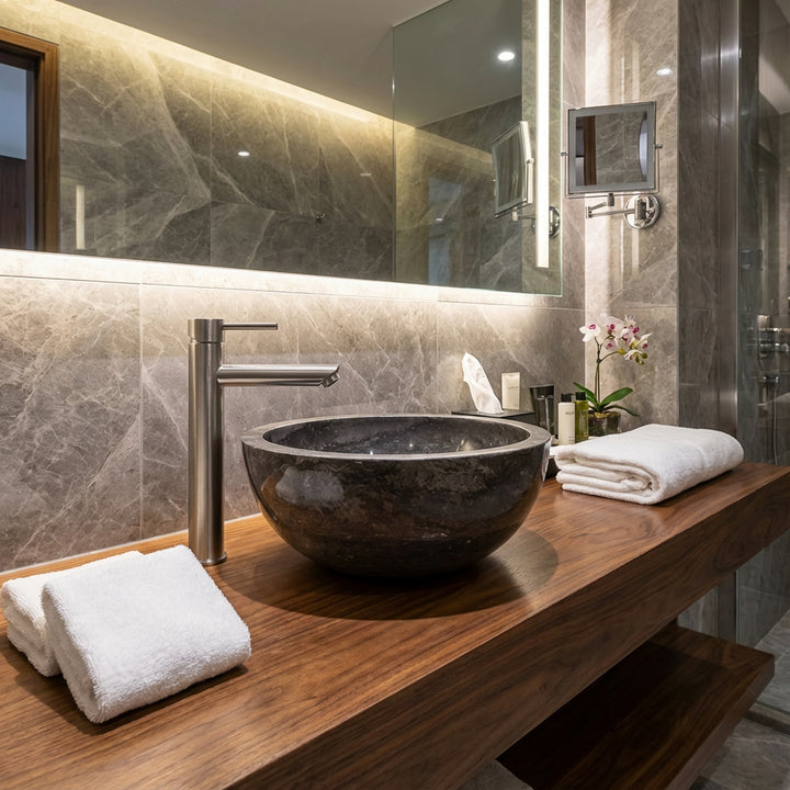 Round Washbasin made of dark stone on a wooden washbasin with a stainless steel fitting in an elegant, modern bathroom ambience