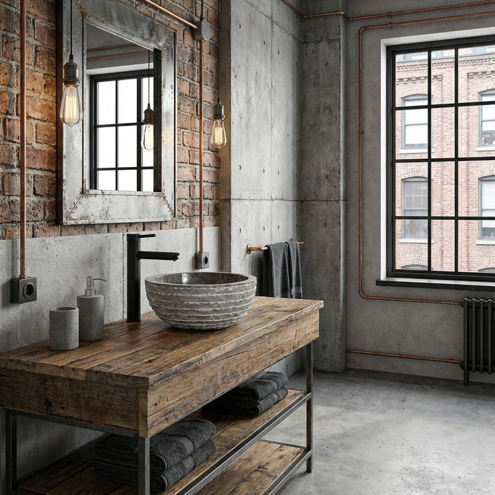 Round marble stone sink on rustic wooden table in industrial bathroom with exposed concrete, brick and black fittings