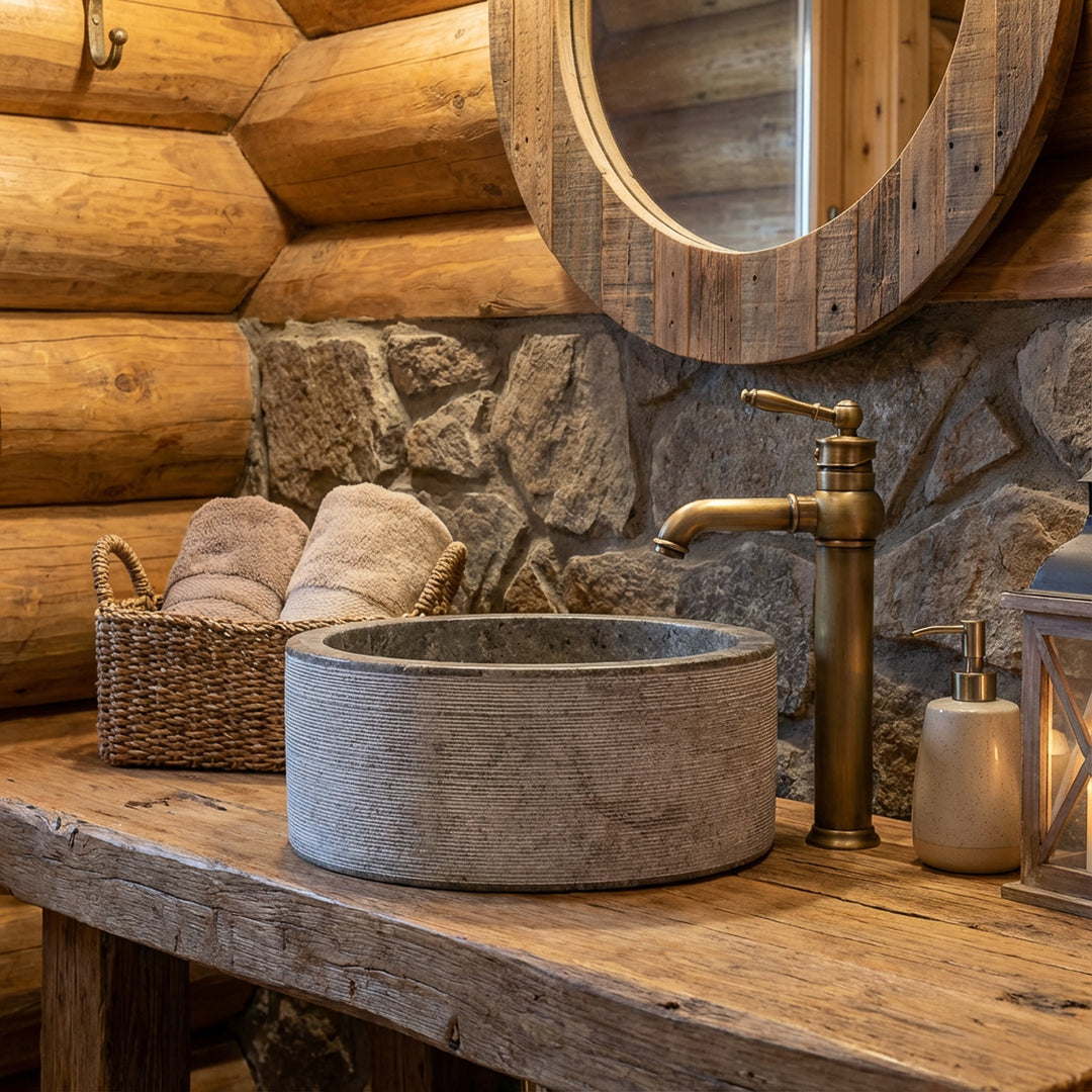 Round MarbleWashbasin on a rustic wooden console with brass fittings in the cozy chalet bathroom, warmly lit.